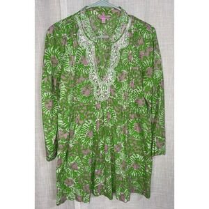 Lilly Pulitzer Women's Embellished Tunic Green Pink SunnySide Lion Size Medium
